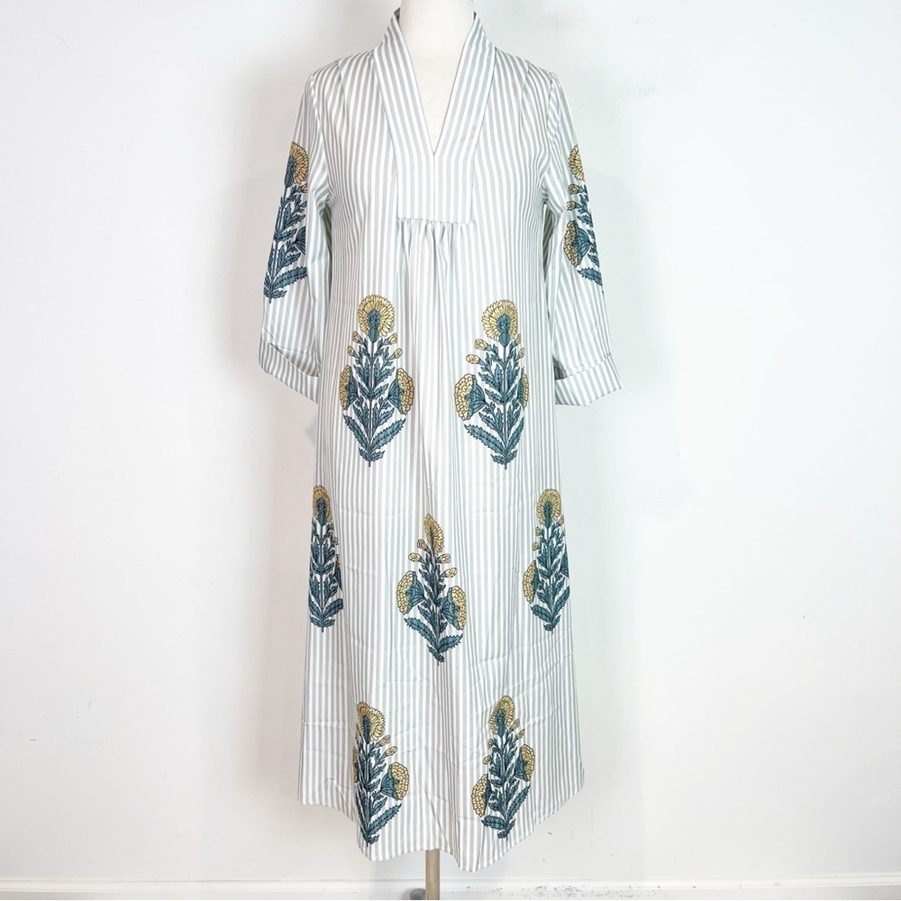 BOUTIQUE SAGE GREEN STRIPE FLORAL V-NECK CAFTAN MAXI COVER UP DRESS SMALL